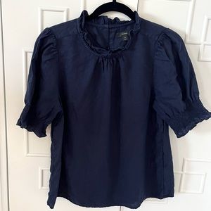 J.Crew Smocked Puff Sleeve Linen Blouse Navy Sz M
